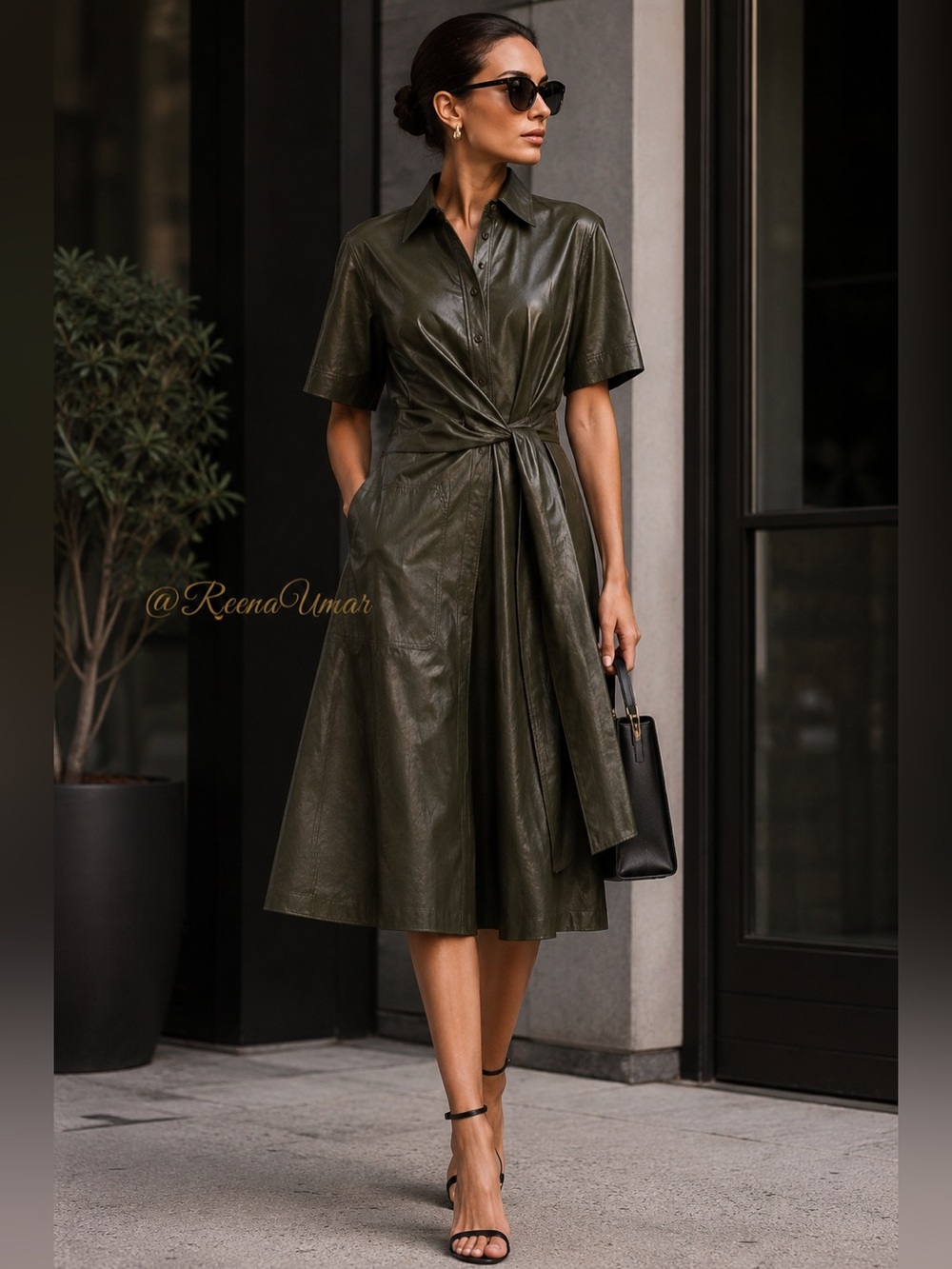 Cedric Charlier Olive Green Faux Leather Belted Shirt Dress – Size 10 (US)